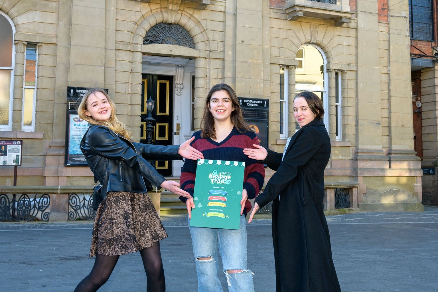 Adele, Sophia and A from the Rose Theatre celebrate the upcoming launch of Wyre Forest Heritage Trail App. 