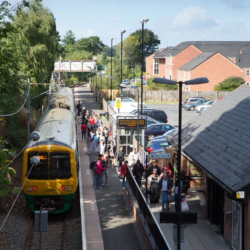 Railway train at station from above
