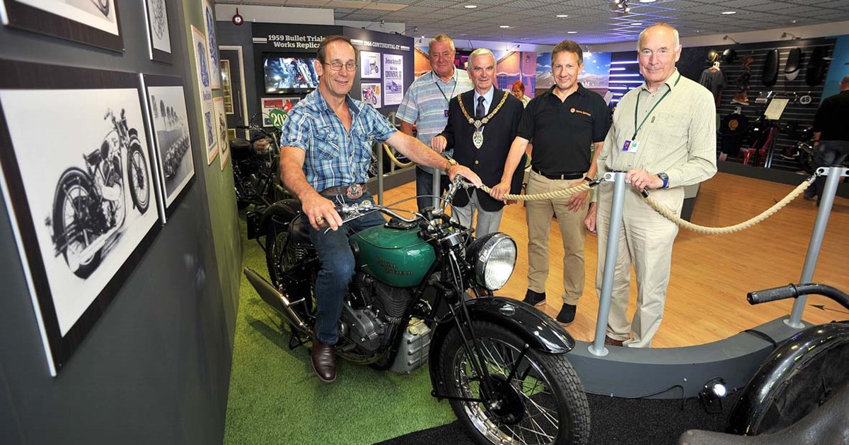 Family member John Smith visits the shop with Coun. Gareth Prosser, Mayor Roger Bennett, Mark Spiller (Marketing Manager Europe) and Coun. Julian Grubb. (courtesy of Redditch Standard)