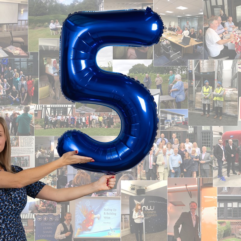 1 lady hold a number 5 ballon in front of a collage of photos