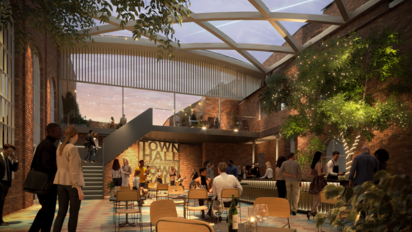 CGI image of indoor courtyard with tables and chairs, indoor tress and beamed glass ceiling