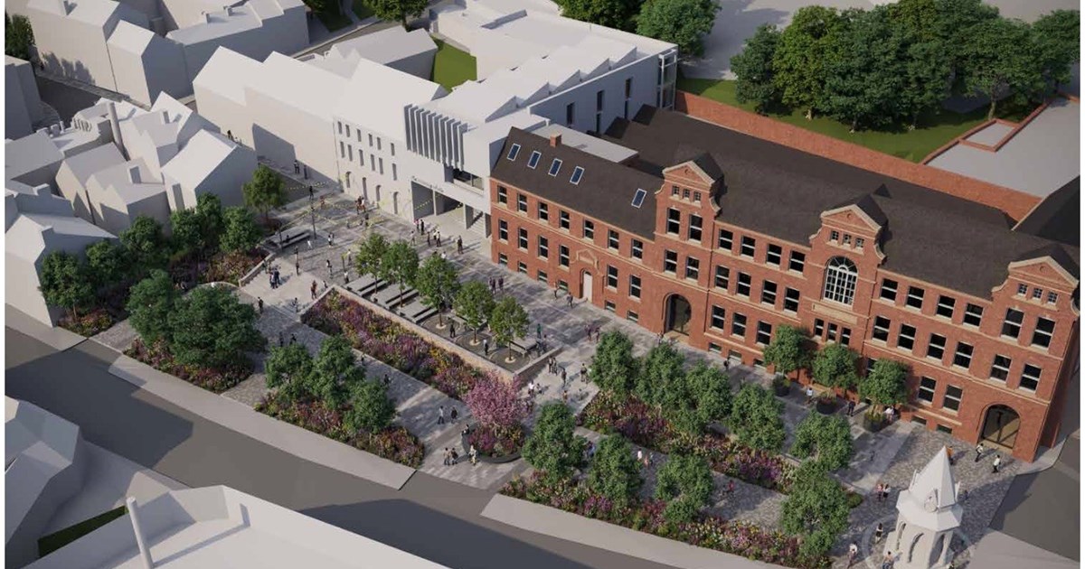 CGI image of the Former Magistrate's Court in Kidderminster, a listed red brick building, with proposed buildings in white.