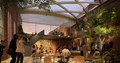 Image shows CGI artist's impression of an indoor courtyard with people at tables and a glass ceiling