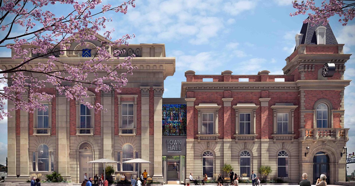 CGI of Kidderminster Town Hall, a red and yellow brick building.