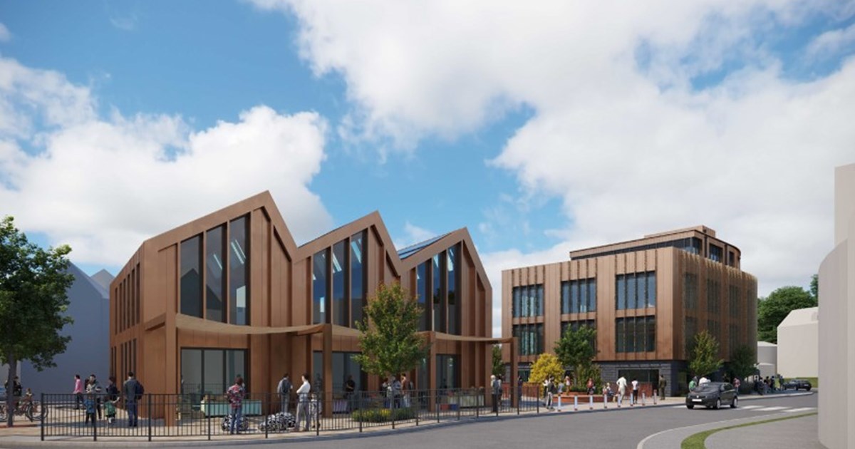 Artist impression of the new buildings with floor to ceiling windows in a two-storey building and the outside clad in wood