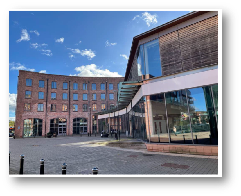 large brick and glass building